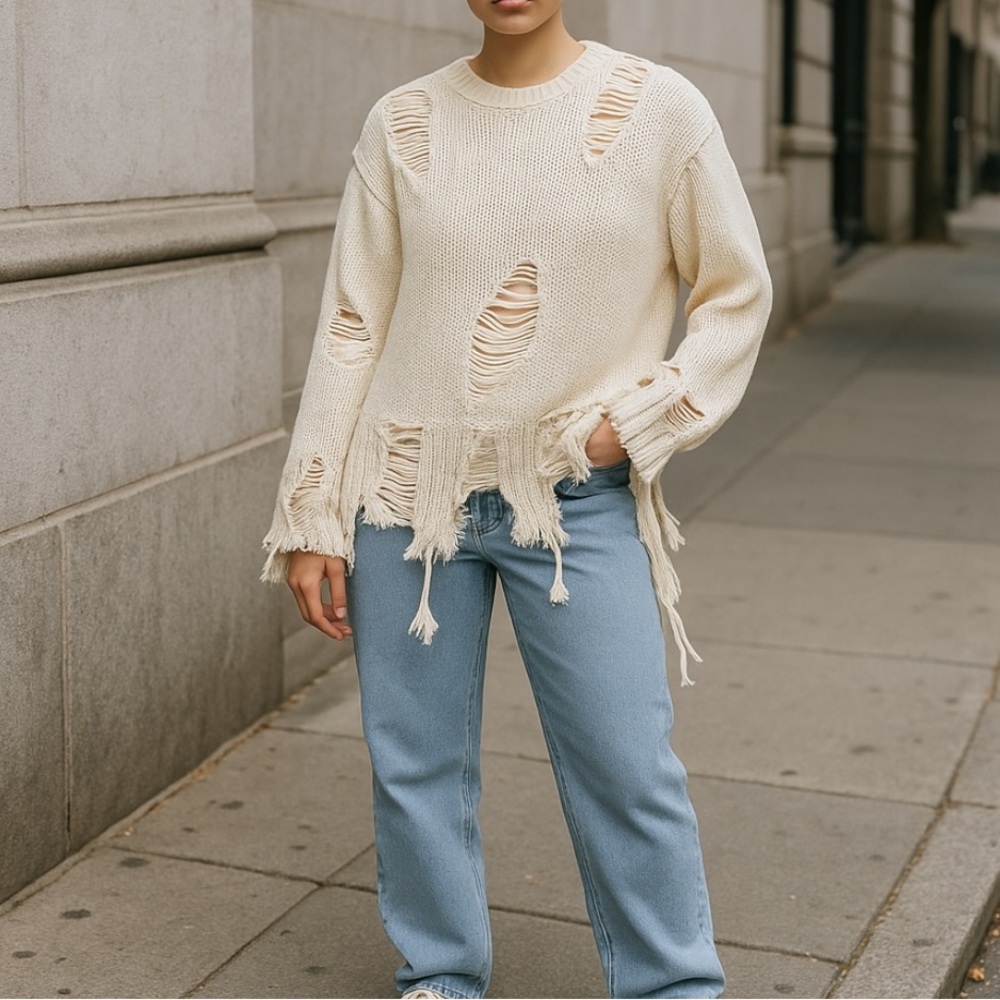OLIA Sweater Womens S Cream Destroyed Ripped Pullover Shabby Chic Grunge Artsy